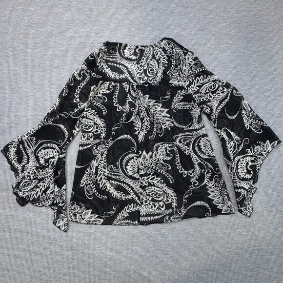 One World Womens Kimono Jacket Black White Paisley Chiffon Boho Flared Sleeve S - Picture 5 of 16